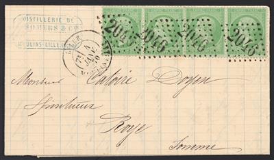 Poststück - Frankreich Yv. Nr. 20 im waagr. Viererstreifen auf Faltbrief von Lille nach Roye aus 1870, - Známky