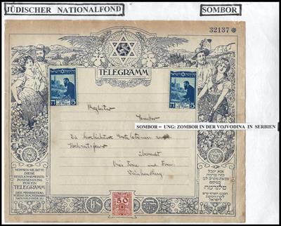 Poststück - Judaika: Telegrammformular zur Unterstützung des JÜDISCHEN NATIONALFONDS nach Sombor, - Stamps