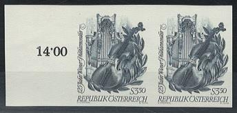 ** - Österr. Nr. 1266U im waagrechten paar vom linken Bogenrand (125 Jahre Wiener Philharmoniker UNGEZÄHNT), - Briefmarken und Ansichtskarten