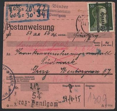 Poststück - Österr. 1945 - 30 Pfg. Grazer auf Postanwesiung über 50,56 RM von Graz Puntigam nach Graz vom 14.6. 1945, - Známky a pohlednice