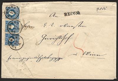 Poststück - Österr. Nr. 15II (3) + Nr.14II (rückseitig) auf Rekobriefhülle von Lemberg nach Wien, - Briefmarken und Ansichtskarten