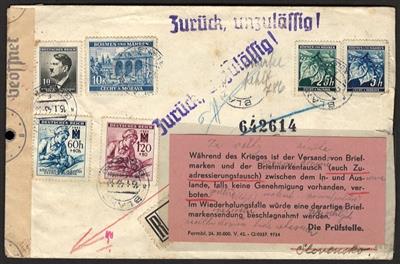 Poststück - Rekobrief aus dem Protektorat in die Slowakei aus 1943 mit Beanstandungszettel der ABP Wien, - Stamps and Postcards