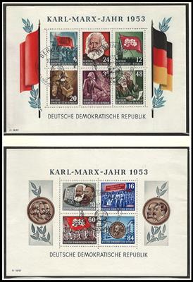 **/gestempelt - Sammlung DDR 1949/1990 u.a. mit MARX - Blöcken gestempelt, - Briefmarken und Ansichtskarten