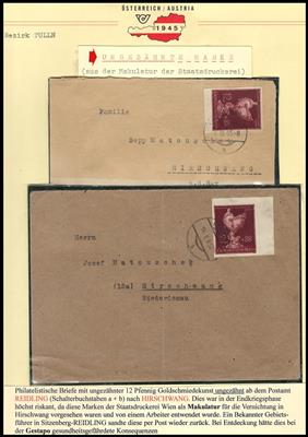 Poststück - Ostmark Feber/März 1945 2 Briefe frankiert mit ungezähnter Goldschmiedekunst in Reidling nach Hirschwang, - Známky a pohlednice