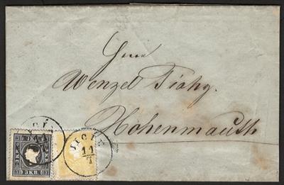 Poststück - Österr. Nr. 10II + 11I auf Faltbriefhülle aus 1859 von Jicin nach Hohenmauth, - Známky