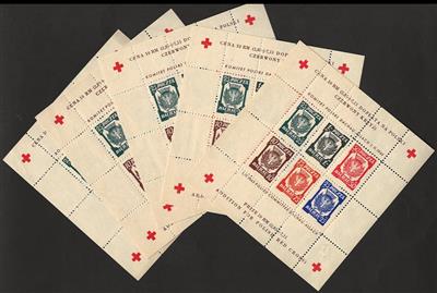 (*) - Deutschland 1945 Lagerpost Dachau - Allach Rotkreuzblock gez. (15 Stück) u. ungezähnt (18 Stück), - Briefmarken und Ansichtskarten