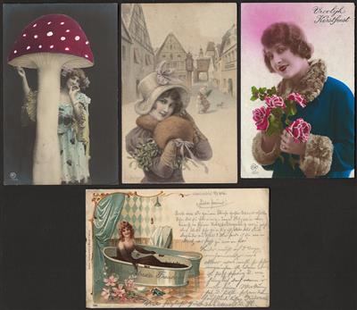 Poststück - Partie Motivkarten mit Frauen - Kinder - Liebespaare - Blumen, - Známky
