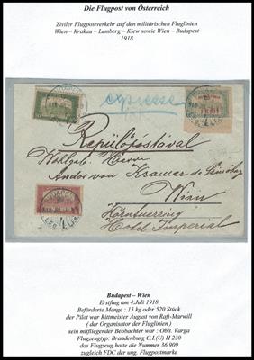 Poststück - Ungarn 1918 - ziviler Flugverkehr - Erstflug BUDAPEST - WIEN 4. Juli 1918 u. Ersttag d. ungar. Flgpm., - Známky