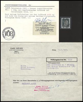 .gestempelt - Österr. 1945 - 1 Pfg. Grazer Schwarz mit kopfstehendem Aufdruck, - Známky a pohlednice