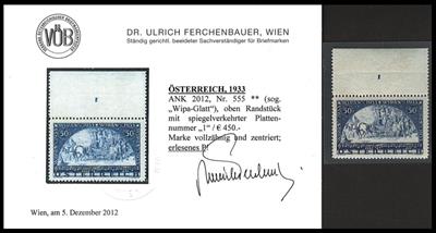 ** - Österr. Nr. 555 (WIPA glatt) vom Bogenoberrand mit spiegelverkehrter Plattennr. "1", - Briefmarken und Ansichtskarten