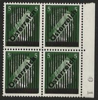 ** - Österr. Nr. 668 I Randviererbl. mit Pl. F. "cn"u. div. Lokalmarken 1945, - Briefmarken und Ansichtskarten