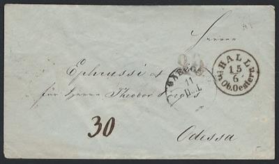 Poststück - Österr. um 1860 - Portokuvert mit Einkreisstempel "HALL in Ob. Oesterr. 15/6" über Wien nach Odessa, - Francobolli e cartoline