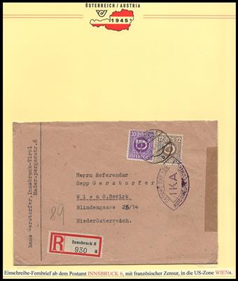 Poststück - Tirol Bezirk INNSBRUCK 1945 - über 60 Belege tls. mit Franz. Zensuren, - Stamps and postcards