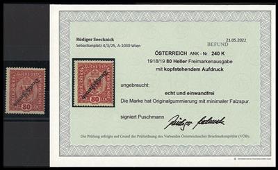 * - Österr. Nr. 240K (80 Heller Freimarke mit KOPFSTEHENDEM AUFDRUCK), - Briefmarken und Ansichtskarten