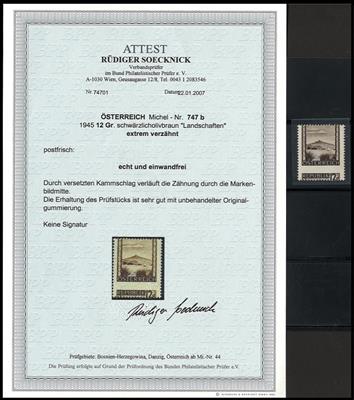 ** - Österr. 1945 - Nr. 747b ** stark verzähnt mit Fotoattest Soecknick, - Briefmarken und Ansichtskarten