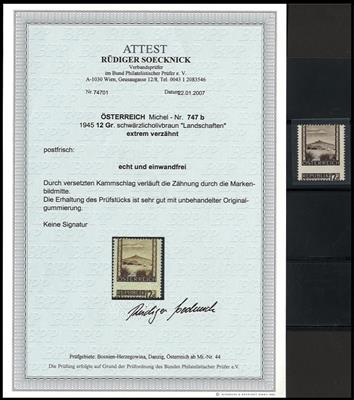 ** - Österr. 1945 - Nr. 747b ** stark verzähnt mit Fotoattest Soecknick, - Známky a pohlednice