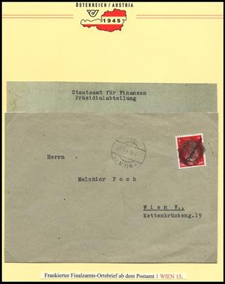 Poststück - Reichh. und außergewöhnl. Dokumentations-Sammlung Geldwesen in Wien 1945, - Francobolli e Cartoline