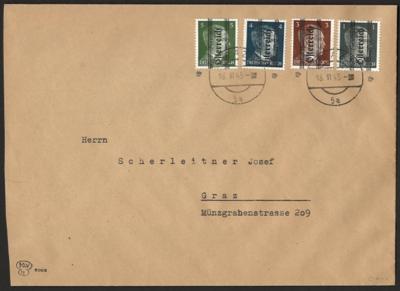 Poststück - Österr. Grazer Aushilfsausgabe 1+3+4+5 Pfg. auf Kuvert (Marken teils Plattenfehler/ Druckzufälligkeiten, - Briefmarken und Ansichtskarten