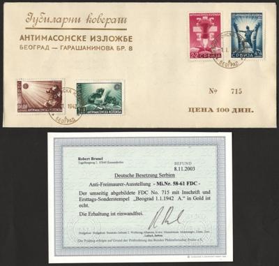Poststück - Deutsch Bes. Serbien Nr. 58/61 auf nummeriertem FDC mit Goldstpl. u. div. Bedarfspost meist aus 1941/1944, - Stamps