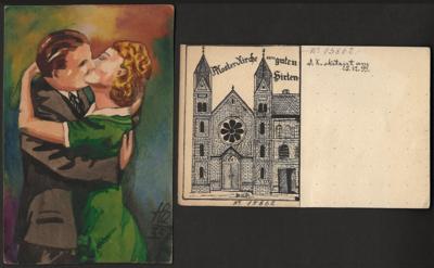 Poststück - Partie meist handcoll. Künstlerkarten, - Briefmarken und Ansichtskarten