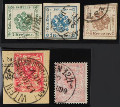 .gestempelt/Briefstück/Poststück/* - Spezialsammlung Österr. Ztgsstplm. 1853/1890 -div. Farbnuancen, - Briefmarken und Ansichtskarten
