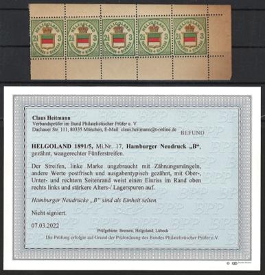 ** - Helgoland 1891/5 Mi. Nr. 17 - Hamburger Neudr. "B" waagr. Fünferstreifen gez., - Briefmarken und Ansichtskarten