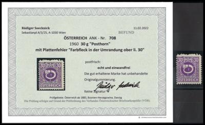 ** - Österr. 1945 - Posthornausgabe Nr. 708 mit Plattenfehler "Farbfleck in der Umrandung ober li. 30", - Briefmarken und Ansichtskarten