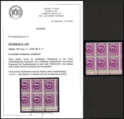 ** - Österr. Nr. 701 V (6 Gr. Posthorn) im stark verzähnten 6er Unterrandblock, - Známky