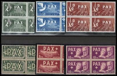 ** - Schweiz Nr. 447/59 (PAX-Serie kpl. in  Viererbl.) postfr. Prachtsatz, - Briefmarken und Ansichtskarten