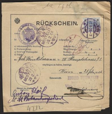 Poststück - Österr. 1906 - 6 Rückscheine - Briefmarken und Ansichtskarten
