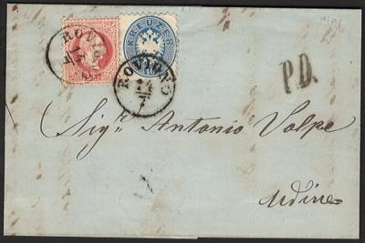 Poststück - Österr. Nr. 33 + Nr. 37I als Ausgaben - Mischfrankatur auf Faltbrief von Rovigno nach Udine aus 1868, - Briefmarken und Ansichtskarten
