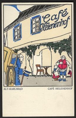 Poststück - Wiener Werkstätte Karte Nr. 214 - Leopold Drexler: "Alt - Karlsbad Cafe Helelenhof", - Francobolli