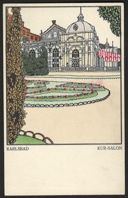 Poststück - Wiener Werkstätte Karte Nr. 221 - Künstler Karl Schwetz: "Karlsbad Kur - Salon", - Známky