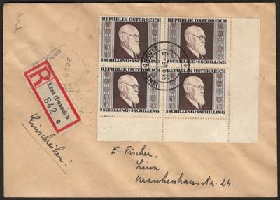 Poststück - Österr. 1946 - Eckrandviererbl. der Rennerserie auf 4 Recobriefen ab dem Postamt LINZ 5, - Známky a pohlednice
