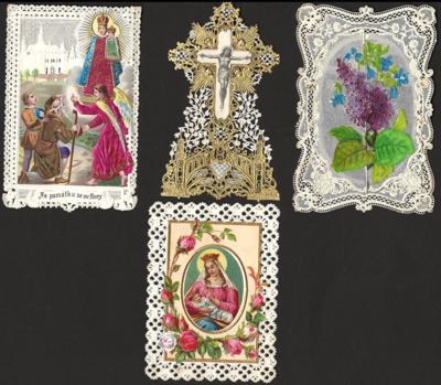 Poststück - Sehr reichh. und gut erhaltene Klosterarbeiten (Gestochene Bilder etc.), - Francobolli e cartoline