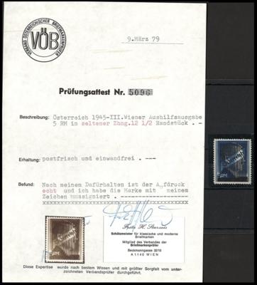** - Österr. 1945 - III. Wiener Aushilfsausgabe - 5RM in seltener Zähng. 12 1/2, - Známky a pohlednice