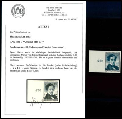 ** - Österr. Nr. 1151 U (Gauermann) mit linkem Seitenrand und Reihenzähler 4.50, - Stamps and postcards