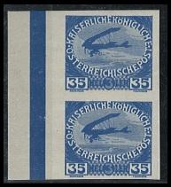 ** - Österr. Nr. 184 (35+3 Heller ultramarin - Flugzeug) in postfr. senkr. ungezähnten Randpaar mit Balken, - Briefmarken und Ansichtskarten