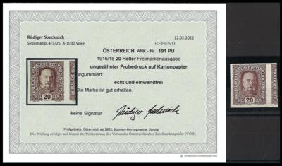 (*) - Österr. Nr. 191PU (20 Heller Freimarke der Ausg. 1916/18 als UNGEZÄHNTER PROBEDRUCK auf KARTONPAOIER), - Briefmarken und Ansichtskarten