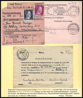Poststück - Wien - Mödling 1945 phil. Dokumentation mit ca. 30 Belegen, - Briefmarken und Ansichtskarten