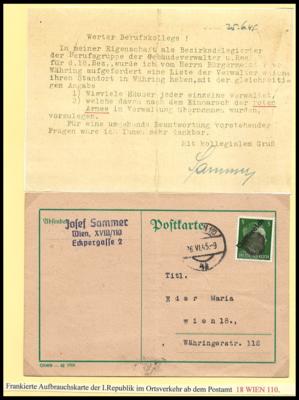 Poststück - wien Postamt 110 philat. Dokumentation 1945 ca. 60 Belege auf Ausstellungsbl., - Francobolli e cartoline