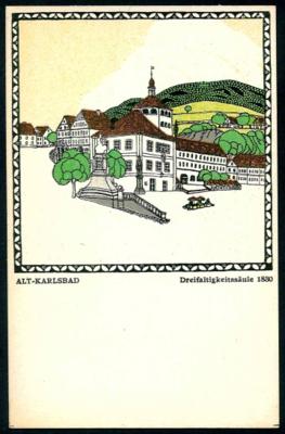 Poststück - Wiener Werkstätte: Karte Nr. 209 - Karl Schwetz: "Alt -Karlsbad Dreifaltigkeitssäule 1830", - Známky a pohlednice