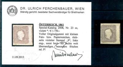 * - Österr. Nr. 23 f violett - voller Originalgummi mit kl. Falz- bzw. Papierr., - Briefmarken und Ansichtskarten