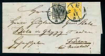 Poststück - Österr. Nr. 2M + 1H (rechts berührt) als "patriotische" Frankatur aud Faltbriefhülle von Wien nach Fischau, - Známky a pohlednice