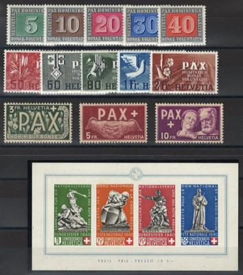 ** - Schweiz - Block Nr. 5 (Pro Patria 1940) sowie PAX - Serie, - Briefmarken und Ansichtskarten
