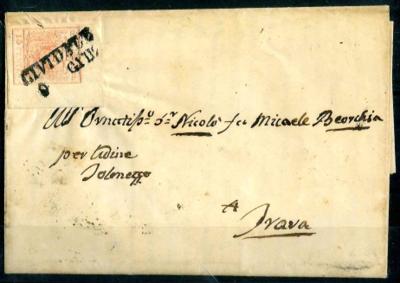 Poststück - Lombardei Nr. 3 M (15 Cent.) re. oberes Eckrandstück (7:6,5 mm) mit Langstpl. "CIVIDALE 9 GIU", - Stamps and postcards