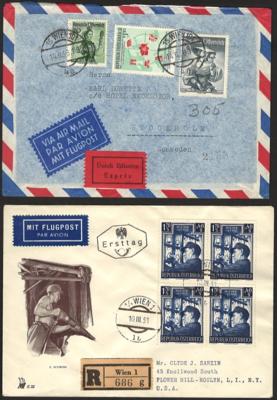 Poststück - Partie Poststücke Österr. II. Rep. u.a. mit Wiederaufbau II im Viererblock auf 4 FDCs, - Briefmarken und Ansichtskarten