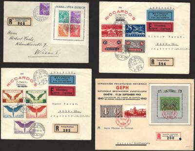Poststück - Partie POststücke Schweiz ab 1934 u.a. mit Bl. Nr. 1 (NABA) auf Rekobrief nach Wien, - Známky a pohlednice