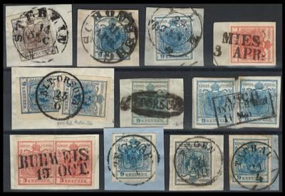 Briefstück - Österr. Nr. 3/5 - Partie Abstempelungen auf Briefstkn., - Briefmarken und Ansichtskarten
