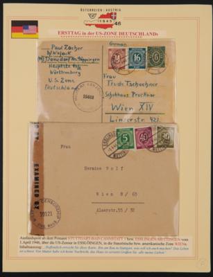 Poststück - 2 attraktive Belege aus der US-Zone Deutschlands vom 1. april 46 = Ersttag nach Österreich, - Francobolli e cartoline